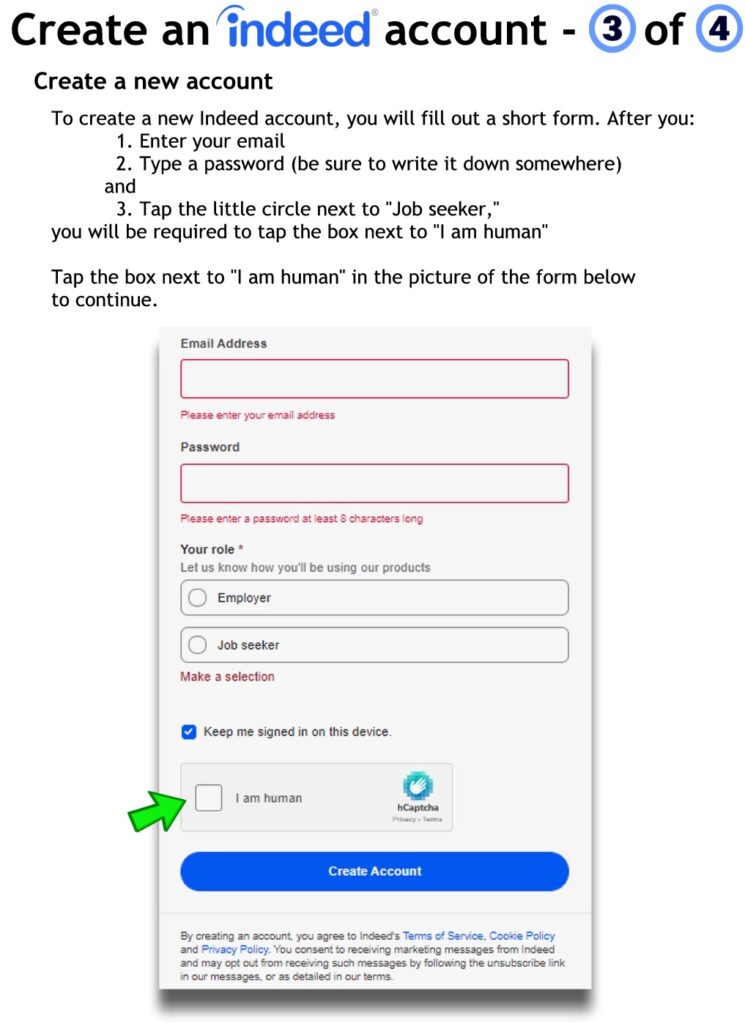 Create an Indeed account by filling out the form
