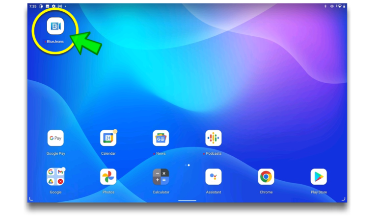 Image of Tablet Home Screen with BlueJeans Button Highlighted