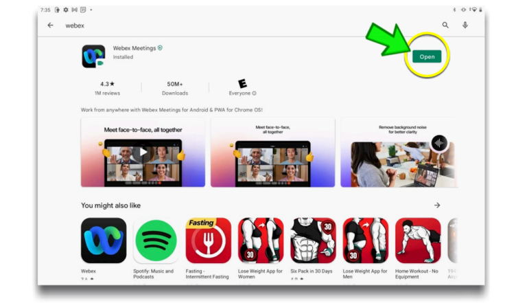 image of Google Play Store with WebEx Open Button Highlighted