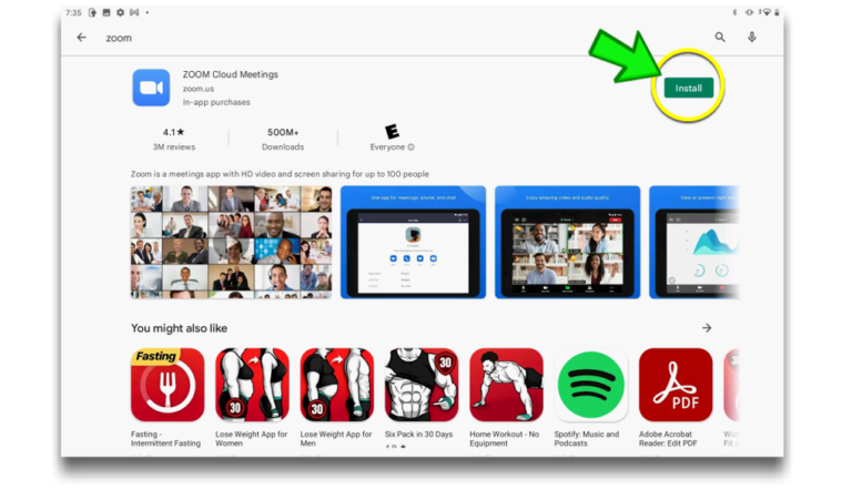 image of Google Play Store with Zoom Download Button Highlighted