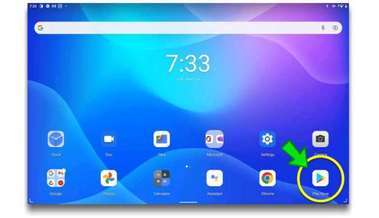 Image of Tablet Home Screen with Play Store Button Highlighted