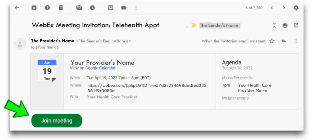 Sample WebEx telehealth appointment email notification image