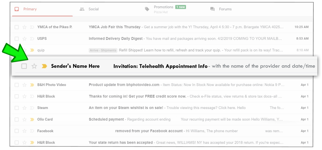 Sample telehealth appointment email notification image