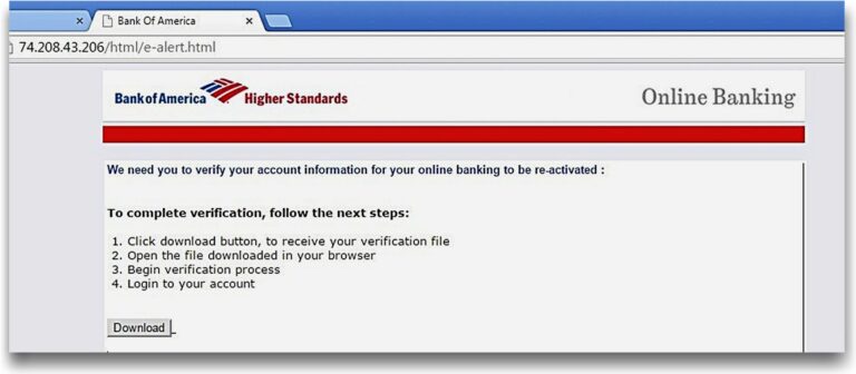 Image of a fake Bank of America phishing scam
