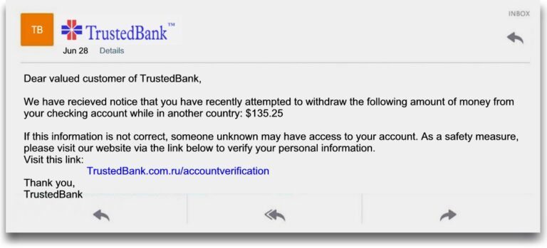 Dear valued customer of TrustedBank, We have recieved notice that you have recently attempted to withdraw the following amount of money from your checking account while in another country: $135.25 If this information is not correct, someone unknown may have access to your account. As a safety measure, please visit our website via the link below to verify your personal information. Visit this link: Thank you, TrustedBank