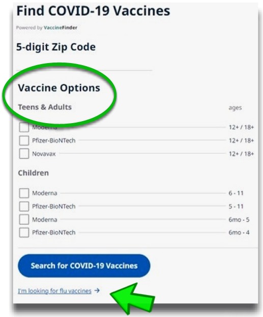 Vaccine Finder Form sample image with vaccine options highlighted