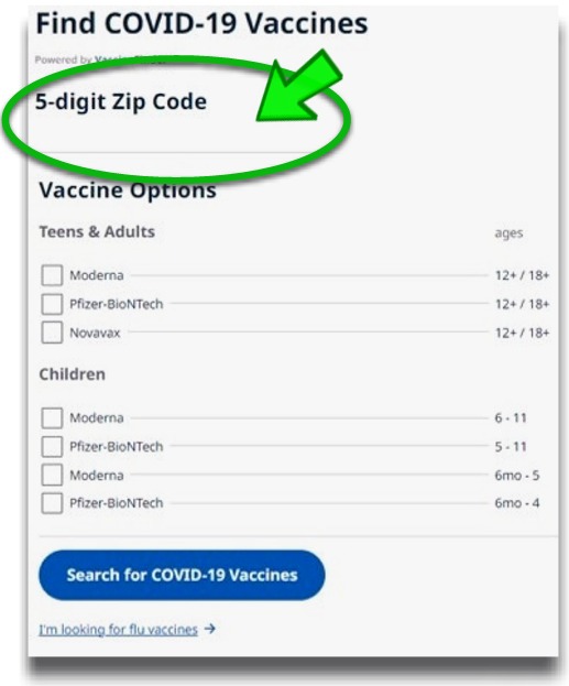 Vaccine Finder Form sample image with zip code field highlighted