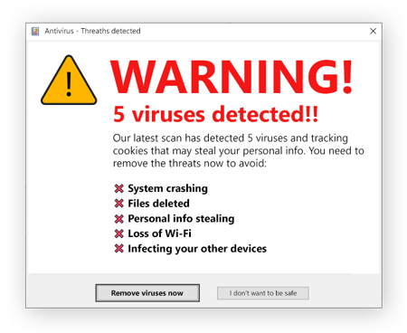 Sample scam popup saying the tablet is infacted with a virus