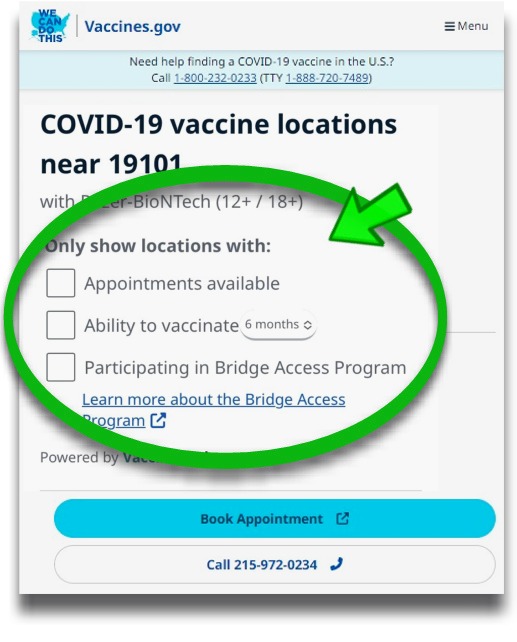 Vaccine Finder Form sample image with appointment availablitiy option highlighted