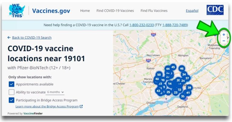 Vaccine Finder Form sample image with vaccine locations pinned